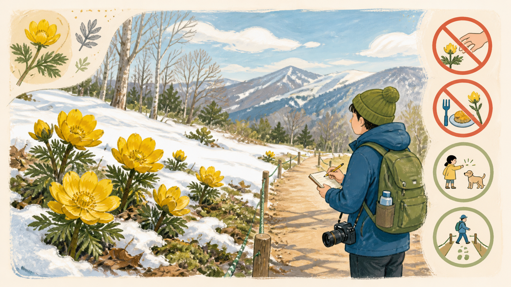 残雪のそばの福寿草を摘まず食べず通路から観察する挿絵