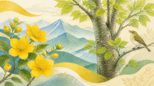 みなかみ町の花やまぶき・木ぶな・鳥うぐいすを象徴的に描いた挿絵