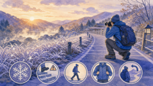 凍結を避けた通路から朝の霜を安全に撮影する旅行者の挿絵