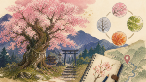 神社参道の象徴的な桜と地域遺産の記録帳を描いた歴史・自然挿絵