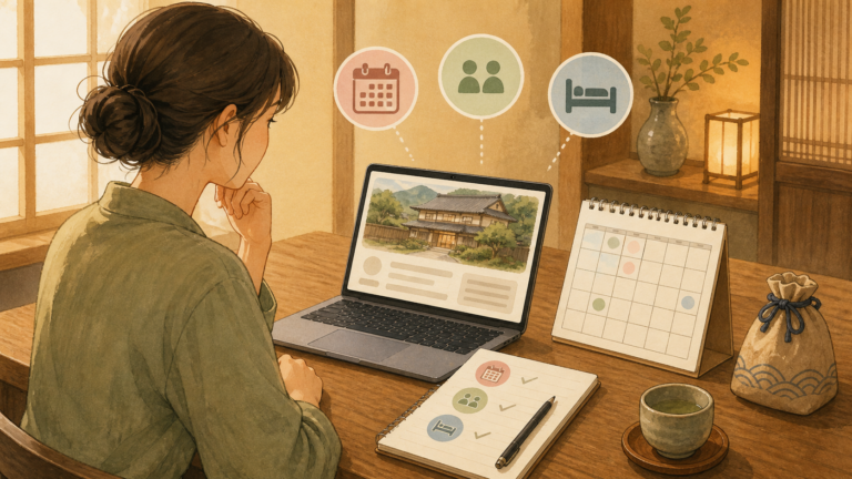 宿泊予約の日程・人数・プランを確認する旅行者の挿絵