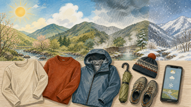 季節の変わり目の天気を確認し重ね着と雨雪用品を準備する挿絵