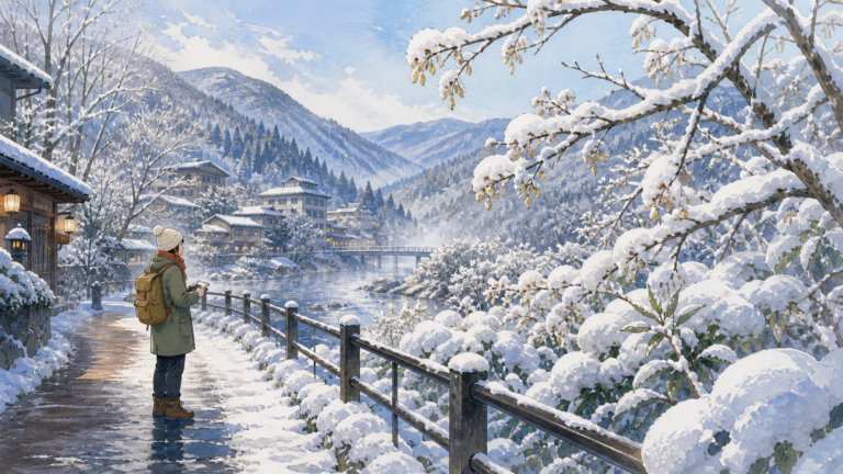 雪をまとった植物を安全な通路から観察する旅行者の挿絵