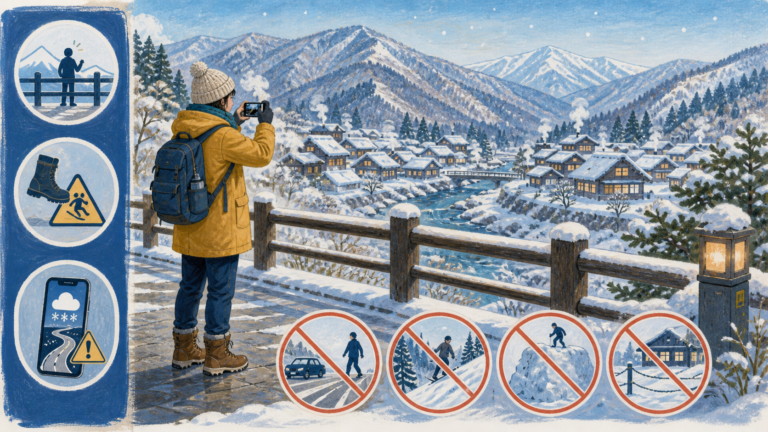 除雪された安全な観察場所から雪景色を撮影する旅行者の挿絵