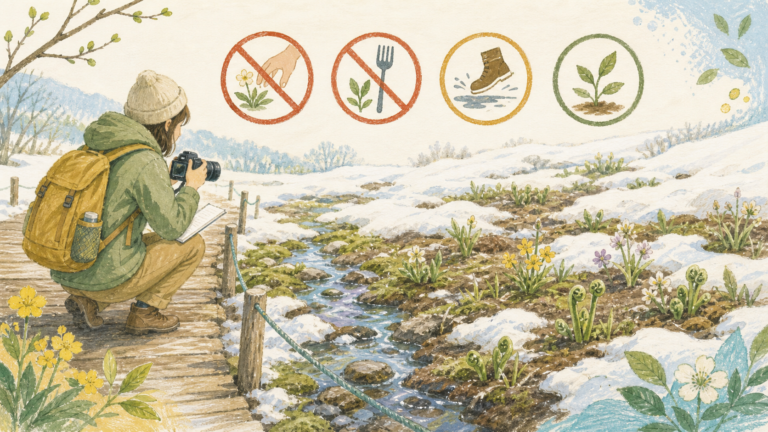 雪解けの野草を採らず食べず通路から記録する自然観察の挿絵