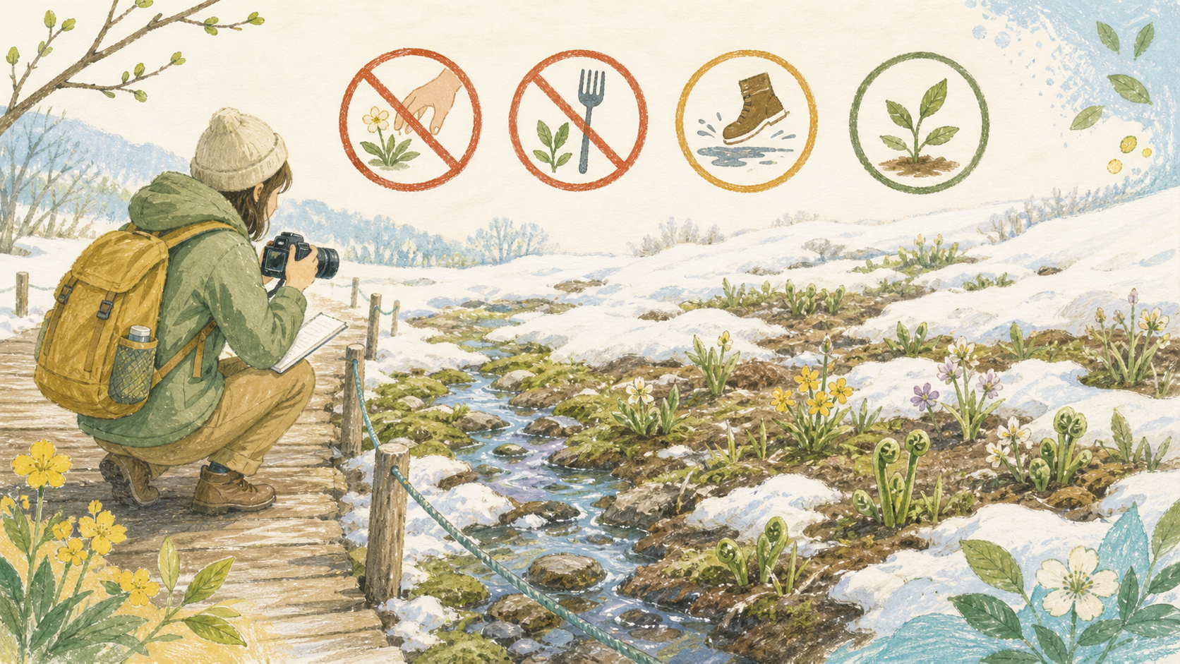 雪解けの野草を採らず食べず通路から記録する自然観察の挿絵