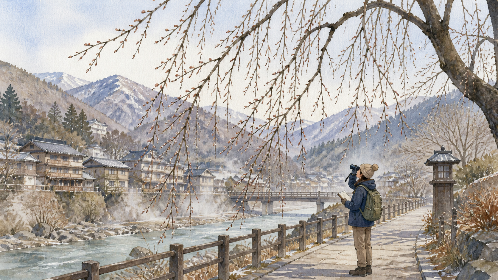 しだれ桜のような枝の冬芽を安全な通路から観察する旅行者の挿絵