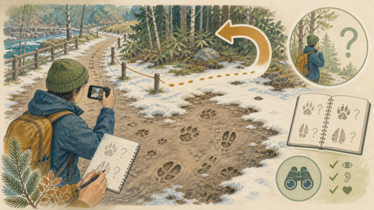 道を外れず野生動物の足跡を撮影・記録して追わずに戻る挿絵