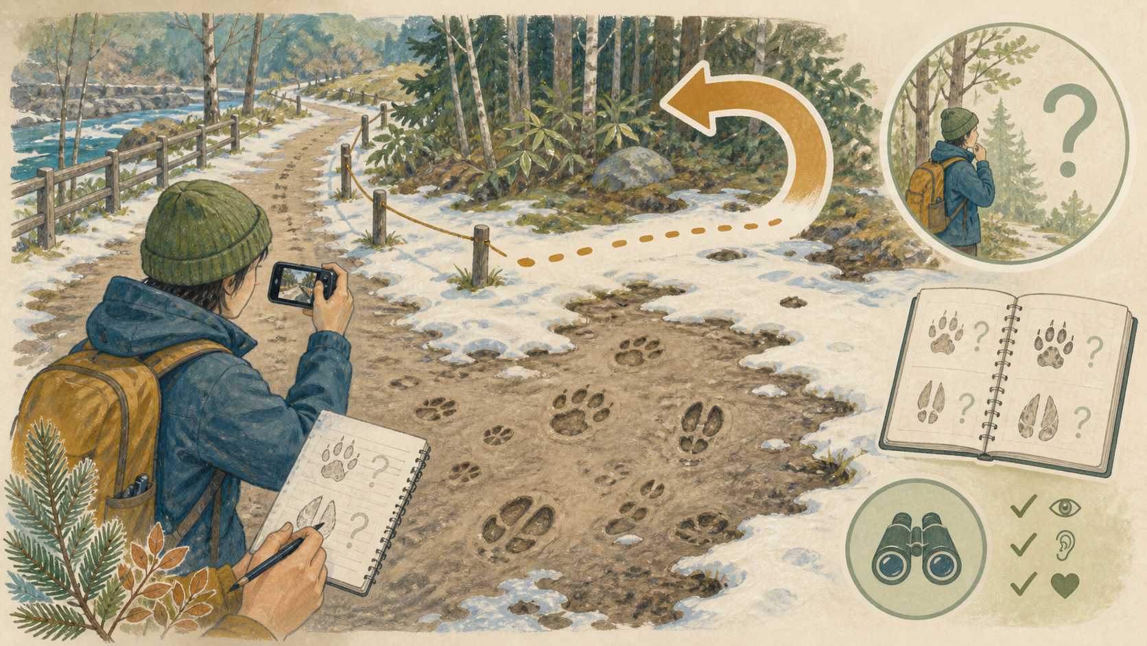 道を外れず野生動物の足跡を撮影・記録して追わずに戻る挿絵