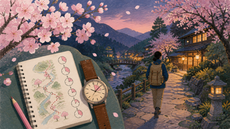桜色の山里を散策し夕食前に宿へ戻る旅人と時計の挿絵