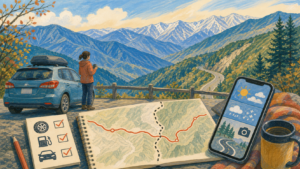 県境の山道を走る前に道路・天候・車両情報を確認する挿絵