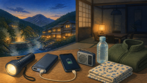 停電に備える懐中電灯や充電器などの旅の持ち物を並べた挿絵