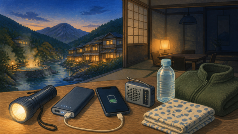 停電に備える懐中電灯や充電器などの旅の持ち物を並べた挿絵