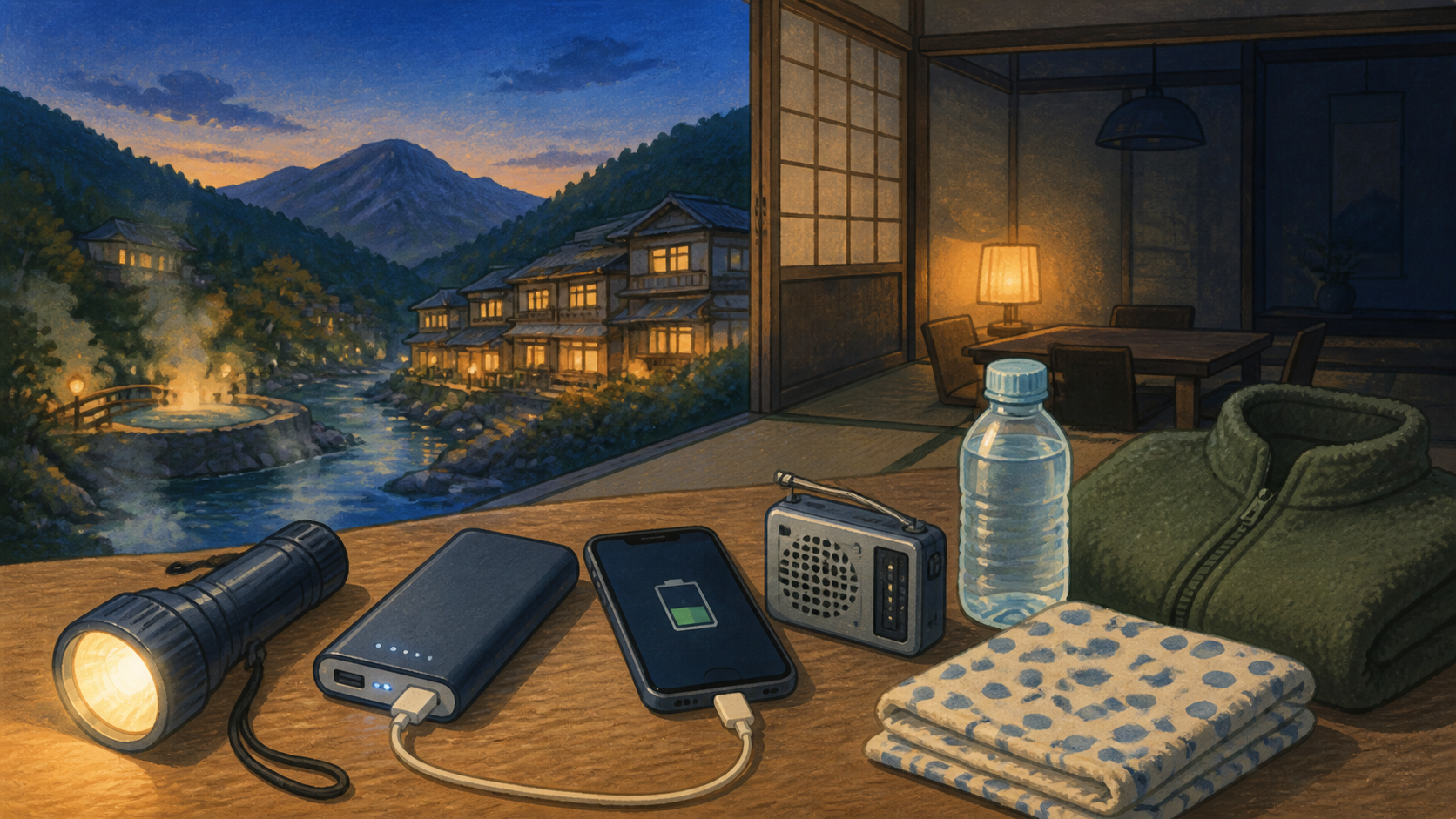 停電に備える懐中電灯や充電器などの旅の持ち物を並べた挿絵