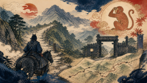 三国街道の山道・関所・古地図と猿ヶ京の地名伝承を表す歴史挿絵