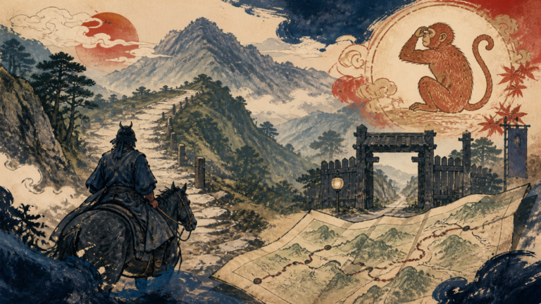 三国街道の山道・関所・古地図と猿ヶ京の地名伝承を表す歴史挿絵