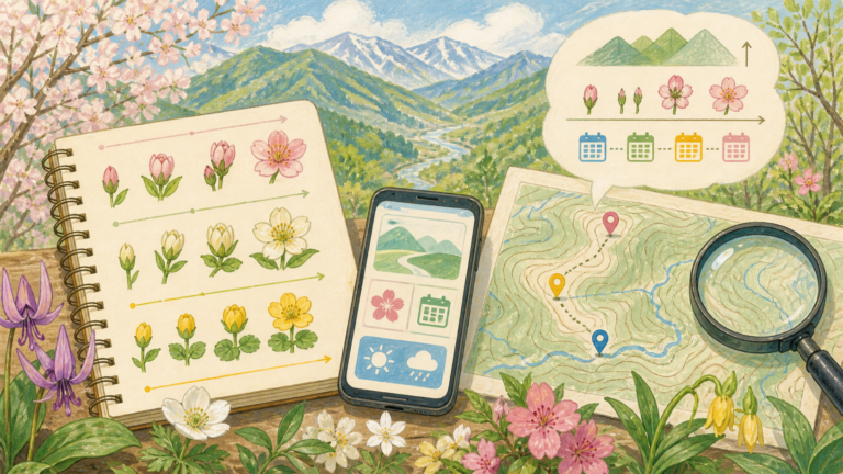 開花段階の異なる春の花と公式情報・標高・天候を確認する挿絵