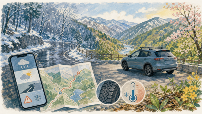残雪のある春先の山道と天気・道路情報を確認する道具の挿絵