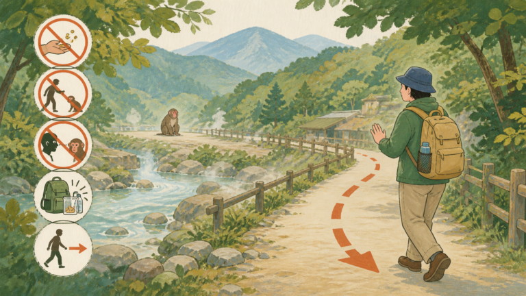 野生のサルから距離を取り餌を与えず静かに離れる旅行者の挿絵
