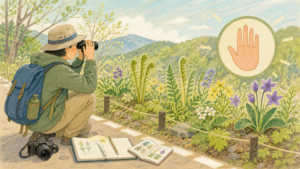 通路から春の野草を採らずにノートと双眼鏡で観察する挿絵