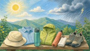 夏山を背景に帽子、飲み物、雨具など8月旅行の備えを描いた生成イラスト