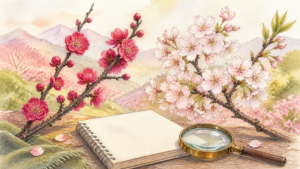 紅梅風と桜風の枝を観察ノートと虫眼鏡で見比べる生成イラスト