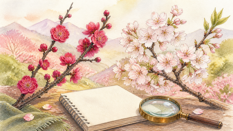 紅梅風と桜風の枝を観察ノートと虫眼鏡で見比べる生成イラスト