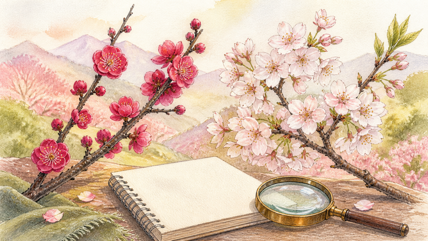 紅梅風と桜風の枝を観察ノートと虫眼鏡で見比べる生成イラスト