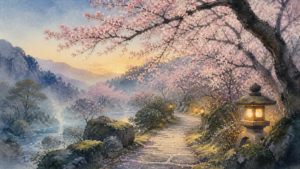 朝夕の光の中で桜の小径を静かに歩く時間を描いた生成イラスト