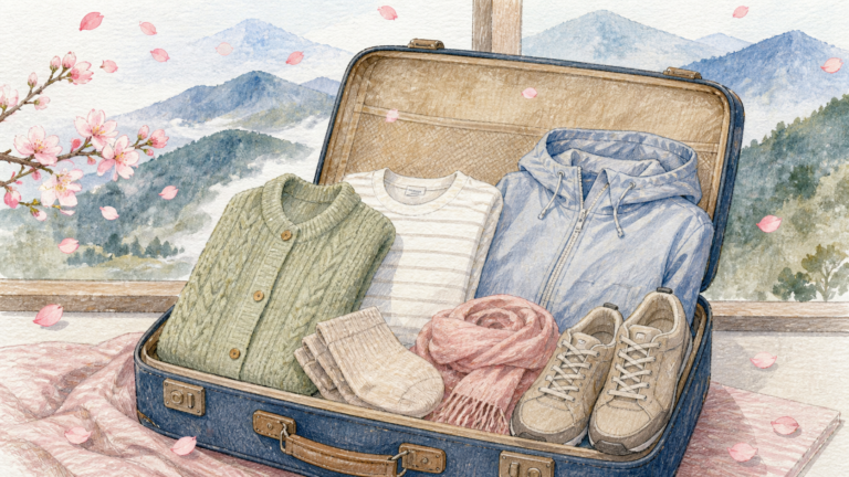 桜の季節に向けて重ね着用の衣類を旅行かばんへ準備した生成イラスト