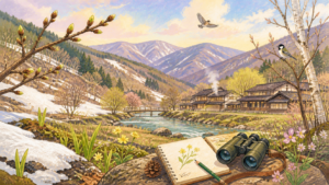 雪解けや芽吹き、鳥の気配を静かに観察する早春の山里の挿絵