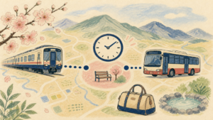 春の山を背景に列車とバスの乗り継ぎ、時計を描いた生成イラスト