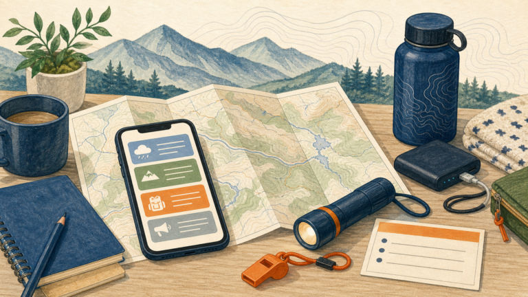 地図、スマートフォン、ライト、充電器など旅行防災の確認品を描いた生成イラスト