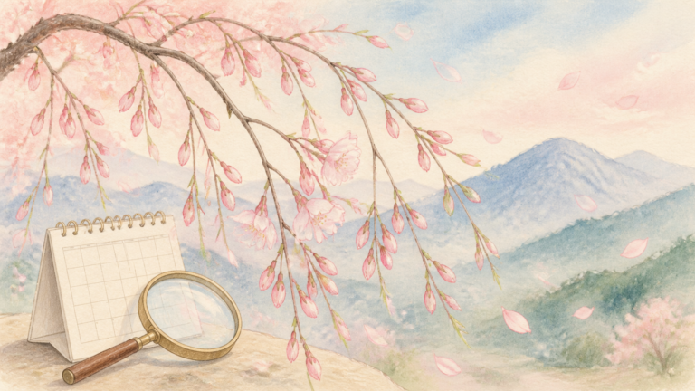 しだれ桜のつぼみと花、開花確認用の暦を描いた生成イラスト