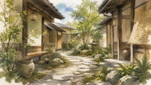 木造建物の間の小径と緑を描いた中庭散歩の生成イラスト