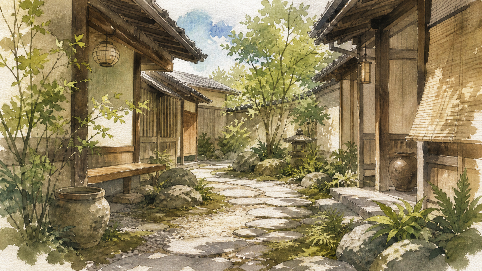 木造建物の間の小径と緑を描いた中庭散歩の生成イラスト