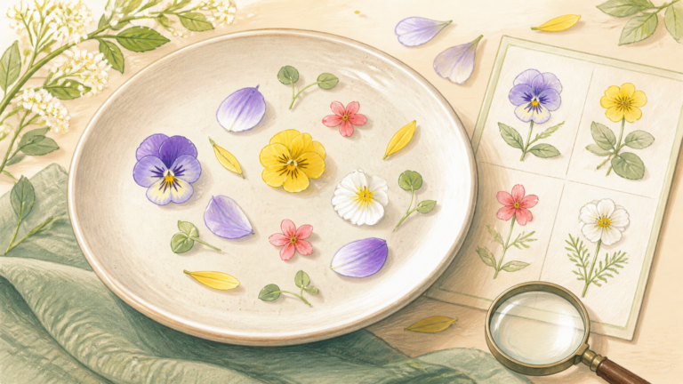 食用花を安全に楽しむため、花と確認用カードを描いた生成イラスト