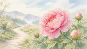 山あいの小道と芍薬の一輪を描いた花散歩の生成イラスト