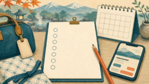 旅行かばんとスマートフォン、七項目の予約確認表を描いた生成イラスト