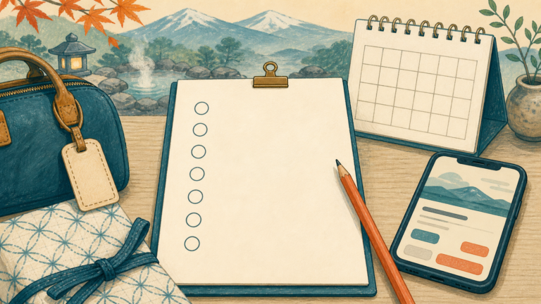 旅行かばんとスマートフォン、七項目の予約確認表を描いた生成イラスト