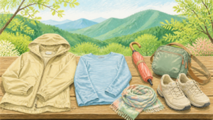 新緑の山を背景に薄手の上着や傘など旅行準備品を描いた生成イラスト