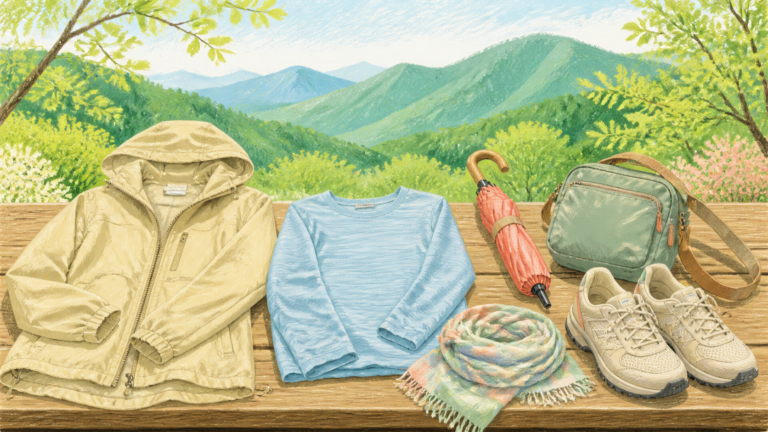 新緑の山を背景に薄手の上着や傘など旅行準備品を描いた生成イラスト