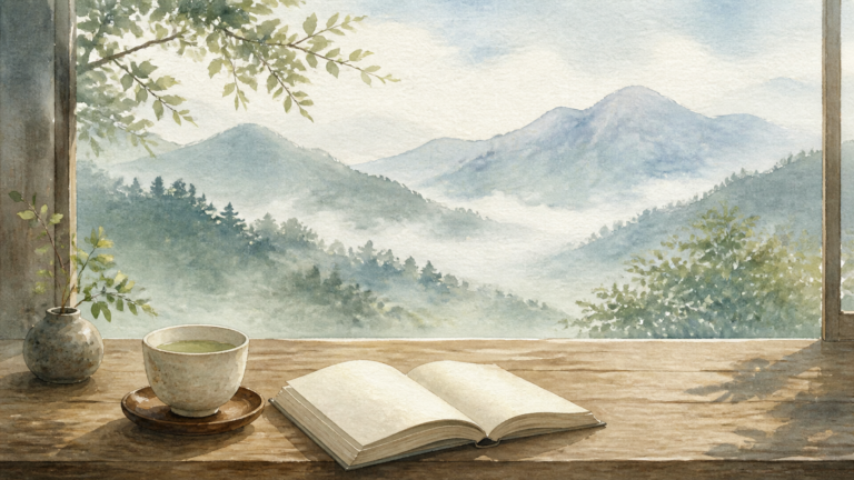 山並みを望む窓辺に湯のみと本を置いた平日温泉旅の生成イラスト
