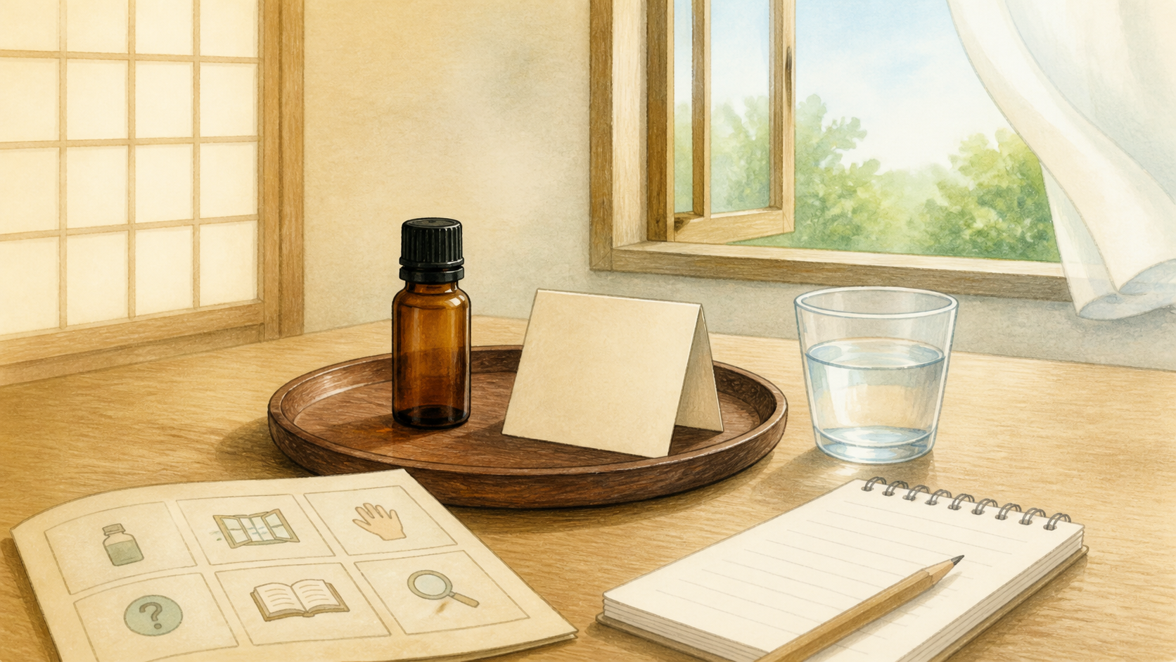 温泉宿のアロマと香りを心地よく楽しむための安全確認を表す生成ビジュアル