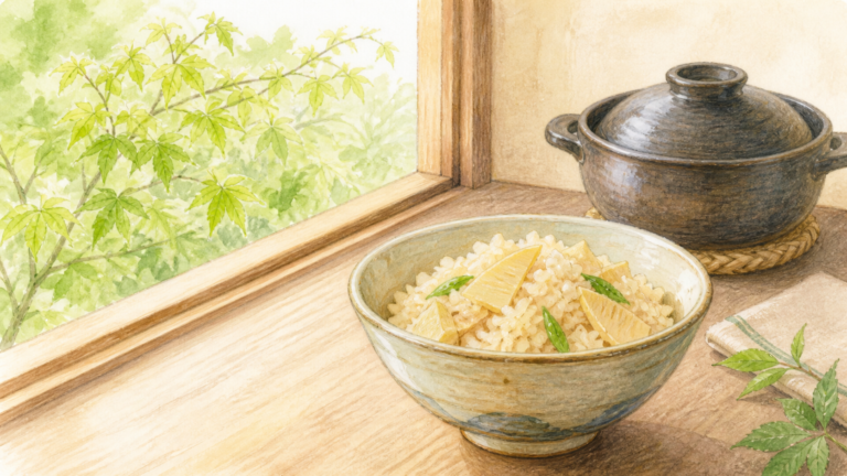 温泉宿で春を味わうたけのこご飯の生成ビジュアル