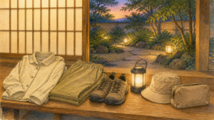 夏の温泉宿で庭を楽しむ服装と灯りの準備を表す生成ビジュアル