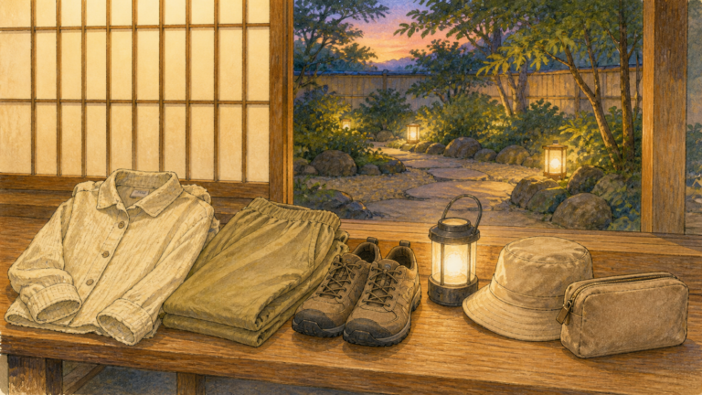 夏の温泉宿で庭を楽しむ服装と灯りの準備を表す生成ビジュアル