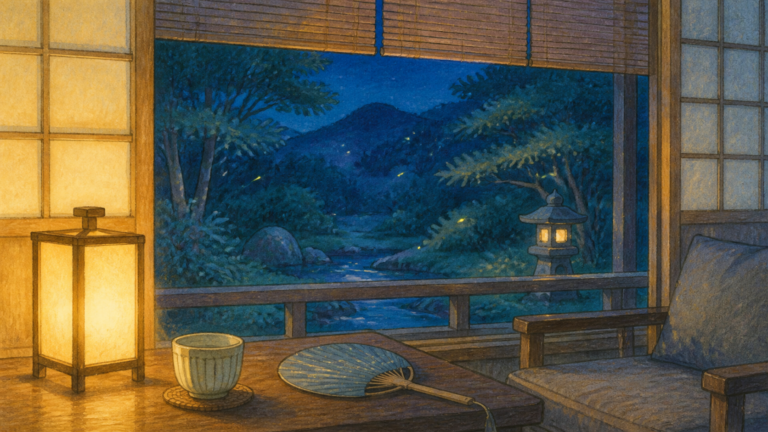 夏の夜の温泉宿で虫を追わずに眺める生成ビジュアル