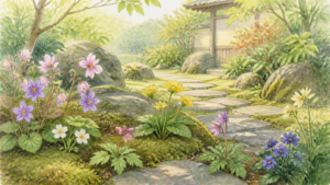 温泉宿の庭で花の色や形を静かに観察する生成ビジュアル