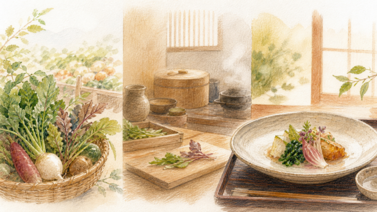 温泉宿で食材が一皿になるまでの時間を描いた生成ビジュアル